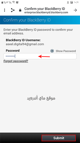 قم باعادة ادخال كلمة المرور الخاصة بحساب BBM Enterprise