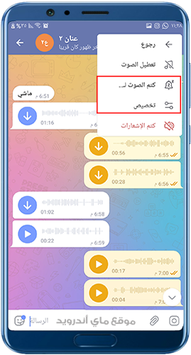 تخصيص الصوت وكتم المحادثة عند تنزيل تلغرام