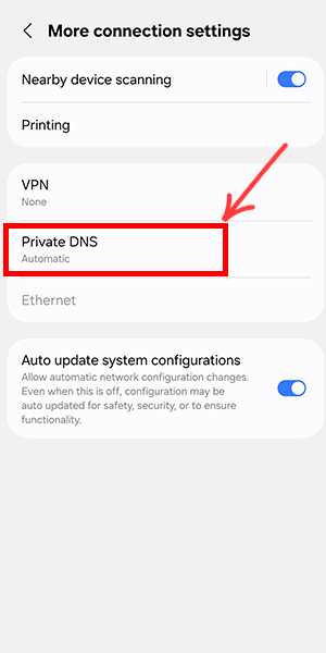 ابحث عن خيار DNS الخاص / Private DNS.